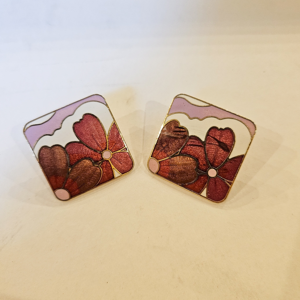Pink and Burgundy Floral Square Stud Earrings - Women Jewelry